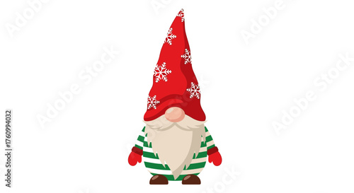 A festive Christmas gnome stands cheerfully, adorned with snowflakes on its red hat and green.
