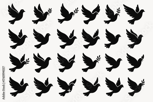 A set of monochrome silhouettes of pigeons (black outlines on a white background). Various poses: flying, sitting, with olive branches in their beaks.
