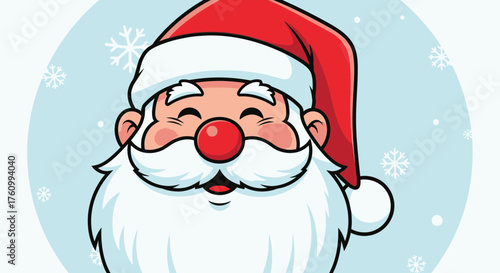 A cheerful cartoon Santa Claus with a red nose and hat smiles warmly, surrounded by snowflakes.