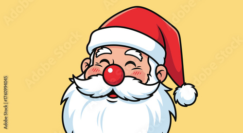 A cheerful cartoon Santa Claus with a bright red nose smiles warmly against a light yellow setting.