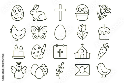 A set of black-and-white contour icons related to Easter. All elements are designed in a minimalist style.