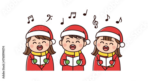 Three cheerful children wearing Santa hats are singing Christmas carols together with musical notes.