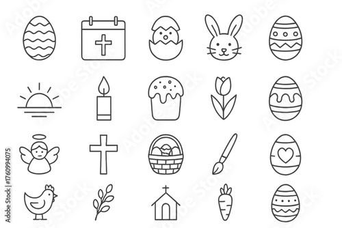 A set of black-and-white contour icons related to Easter. All elements are designed in a minimalist style.