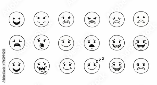 Collection of various hand drawn emoji faces showing different emotions.