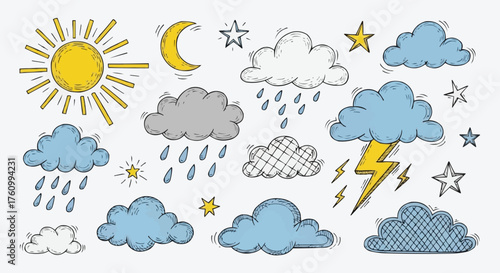 Collection of Weather Icons and Symbols Hand Drawn Style.