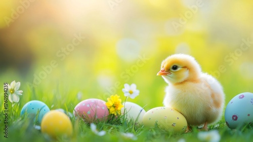 Painted easter eggs celebrating a Happy Easter in spring with a green grass meadow, tree leaves and bright sunlight background