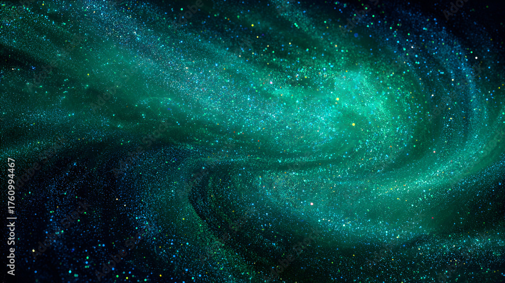 Fototapeta premium A breathtaking emerald green galaxy swirls with shimmering stardust across the vast dark cosmos