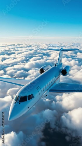 A sleek private jet climbs above white clouds beneath a bright blue sky, nose forward over calm air