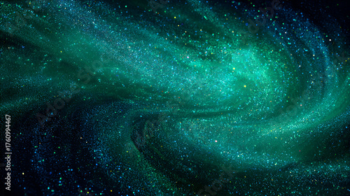A breathtaking emerald green galaxy swirls with shimmering stardust across the vast dark cosmos