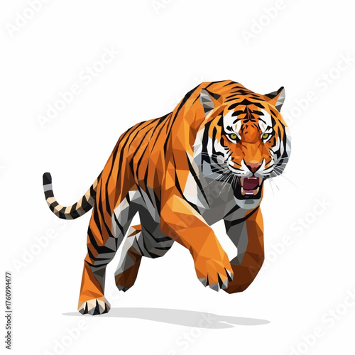 Powerful roaring tiger leaping forward in low poly style.