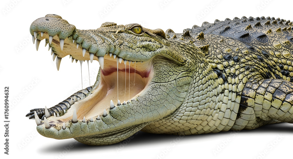 Obraz premium Aggressive Crocodile Head with Open Mouth and Sharp Teeth on White