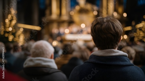 A congregation at a Christmas service, surrounded by a beautifully decorated altar, radiates reverence and joy, capturing the essence of holiday worship and festive spiritual gatherings.