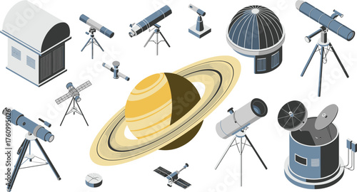 Isometric 3D astronomy illustration with telescopes, observatories, planet Saturn, satellites, space exploration concept, stargazing and cosmic science vector design