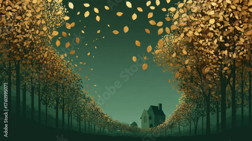 Elegant dark cottage glowing softly behind golden stylized leaves in tranquil teal botanical night vector background.