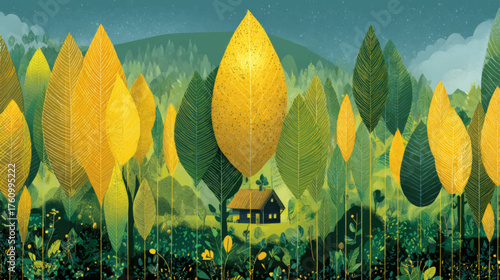 Cozy wooden house nestled among tall golden and green stylized forest leaves in peaceful countryside vector background.