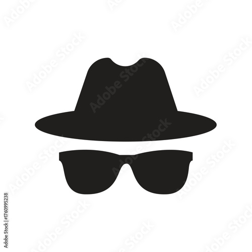 Black Detective silhouette of a fedora hat and sunglasses representing a spy or detective vector icon