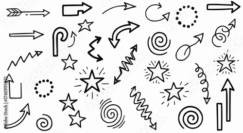 Hand drawn doodle arrows and stars collection.