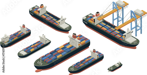 Isometric 3D cargo ship illustration with shipping containers, port cranes, maritime logistics concept, global freight transportation vector design