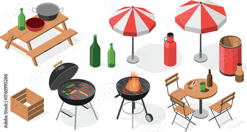 Isometric 3D backyard barbecue scene with grill, table, chairs, umbrellas, bottles, picnic cooking setup, outdoor summer party illustration