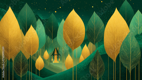 Cozy wooden house nestled among tall golden and green stylized forest leaves in peaceful countryside vector background.