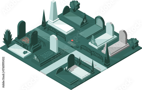 Isometric 3D cemetery illustration with tombstones, obelisk monument, graveyard trees, memorial design, peaceful grave site concept, modern flat vector art, tranquility