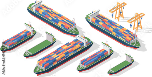 Isometric 3D cargo ship illustration with shipping containers, port cranes, maritime logistics concept, global freight transportation vector design