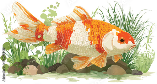 a cute carp swimming in an aquarium, a simple flat vector illustration with a white background, in a cute cartoon style
