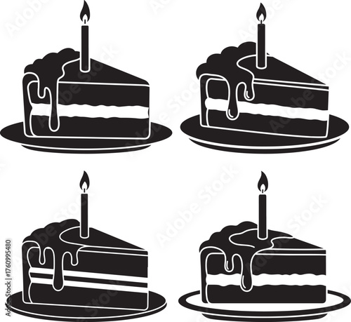 Four slices of chocolate cake with candles and drip icing silhouette
