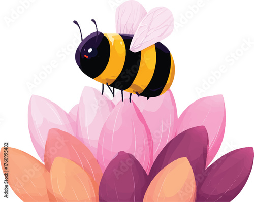 a cute cartoon bee, with black and yellow stripes on its body, sits delicately on the petals of an orange-pink flower