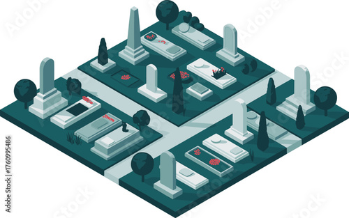 Isometric 3D cemetery illustration with tombstones, obelisk monument, graveyard trees, memorial design, peaceful grave site concept, modern flat vector art, tranquility