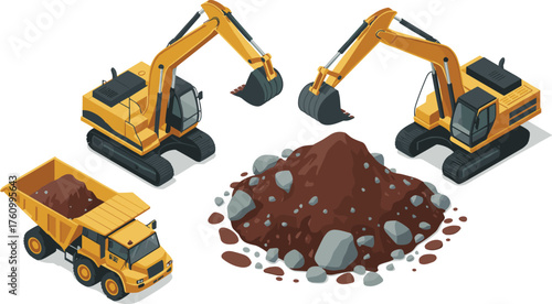Isometric 3D construction scene with yellow excavators loading dump truck, soil pile, heavy machinery illustration, industrial earthmoving equipment design