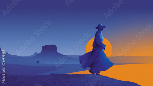 Elegant blue-robed traveler walking across glowing orange desert dunes at sunrise in serene minimalist fine-art vector design.