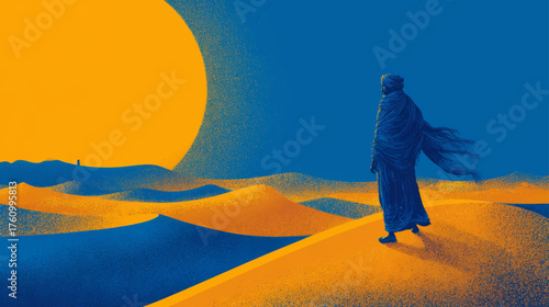 Elegant blue-robed traveler walking across glowing orange desert dunes at sunrise in serene minimalist fine-art vector design.