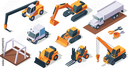 Isometric 3D construction vehicle set with excavators, cranes, forklifts, trucks, and heavy machinery equipment, industrial building transport illustration design