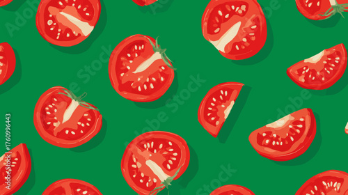 Vibrant seamless pattern of ripe red tomatoes and green background symbolizing summer freshness and healthy organic lifestyle.