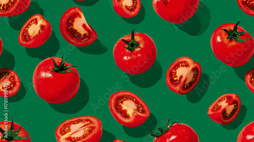 Vibrant seamless pattern of ripe red tomatoes and green background symbolizing summer freshness and healthy organic lifestyle.
