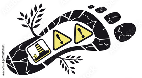 Cracked Footprint with Factory and Warning Signs Keywords: footprint, cracked, broken