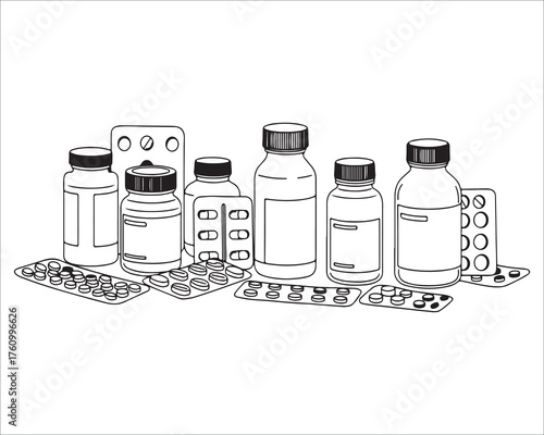 Black and White Medical Illustration of Pills and Pill Bottles Variety