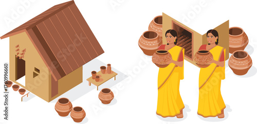 Isometric 3D illustration of Indian village women making pottery, clay house, earthen pots, traditional rural lifestyle and craftsmanship