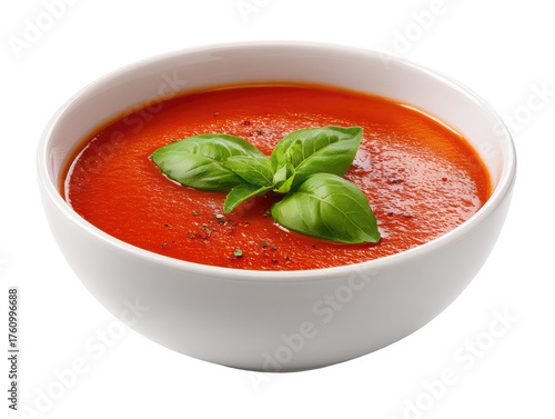 Creamy, vibrant tomato soup in a white bowl, garnished with fresh basil