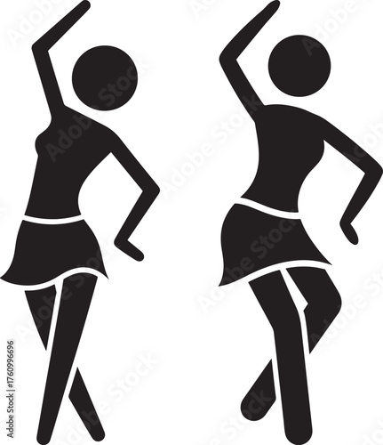 Two dancing women in silhouette with arms raised and skirts flared silhouette
