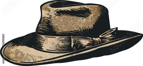 a detailed vector illustration of an old fashioned hat with band, clip art style drawing, white background, simple design, high contrast shading
