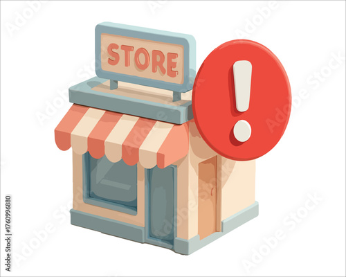 Cartoon store with an exclamation point attention needed notification graphic