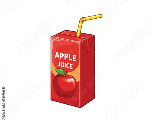 Cartoon Style Apple Juice Box with Straw on White Background