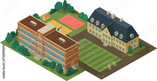 isometric 3d illustration of modern school campus with buildings, playground, football field, basketball court, and green landscape surroundings