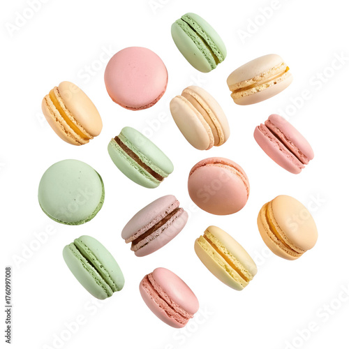 Wallpaper Mural Assorted macarons in pastel tones, arranged in minimal flat lay, soft shadows, isolated on white. Torontodigital.ca