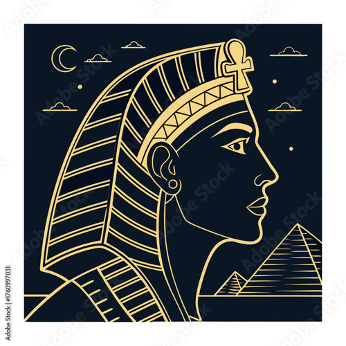 Egyptian Pharaoh Profile with Pyramids and Moon Keywords: pharaoh, egypt, egyptian, profile