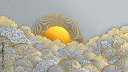 Radiant golden sun illuminating layered silver clouds in peaceful minimalist sky scene with luxurious metallic texture vector design.