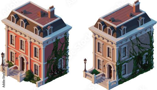 isometric 3d illustration of two elegant townhouse buildings with classic architecture, balcony railings, brick roof, windows, and green vines