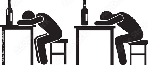 Two figures slumped over tables with bottles in a stark silhouette